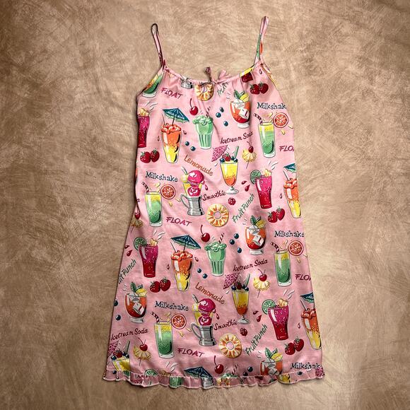 Nick & Nora Graphic Print Milkshake Smoothie Cocktail Drink Satin Slip Dress - Picture 1 of 8